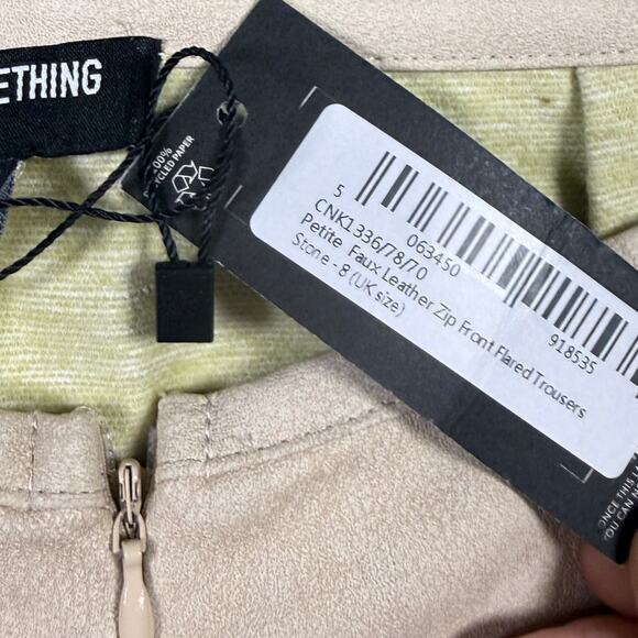 NWT Pretty Little Thing Petite Faux Leather Zip Front Flared Trousers Stone Sz 8 - Picture 4 of 10